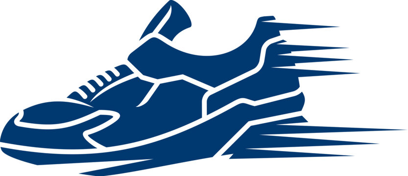 Marathon run sport icon with runner athlete shoe. Vector running sport club isolated symbol with blue silhouette of runner sneaker and speed trails. Marathon, jogging, running race or sprint badge