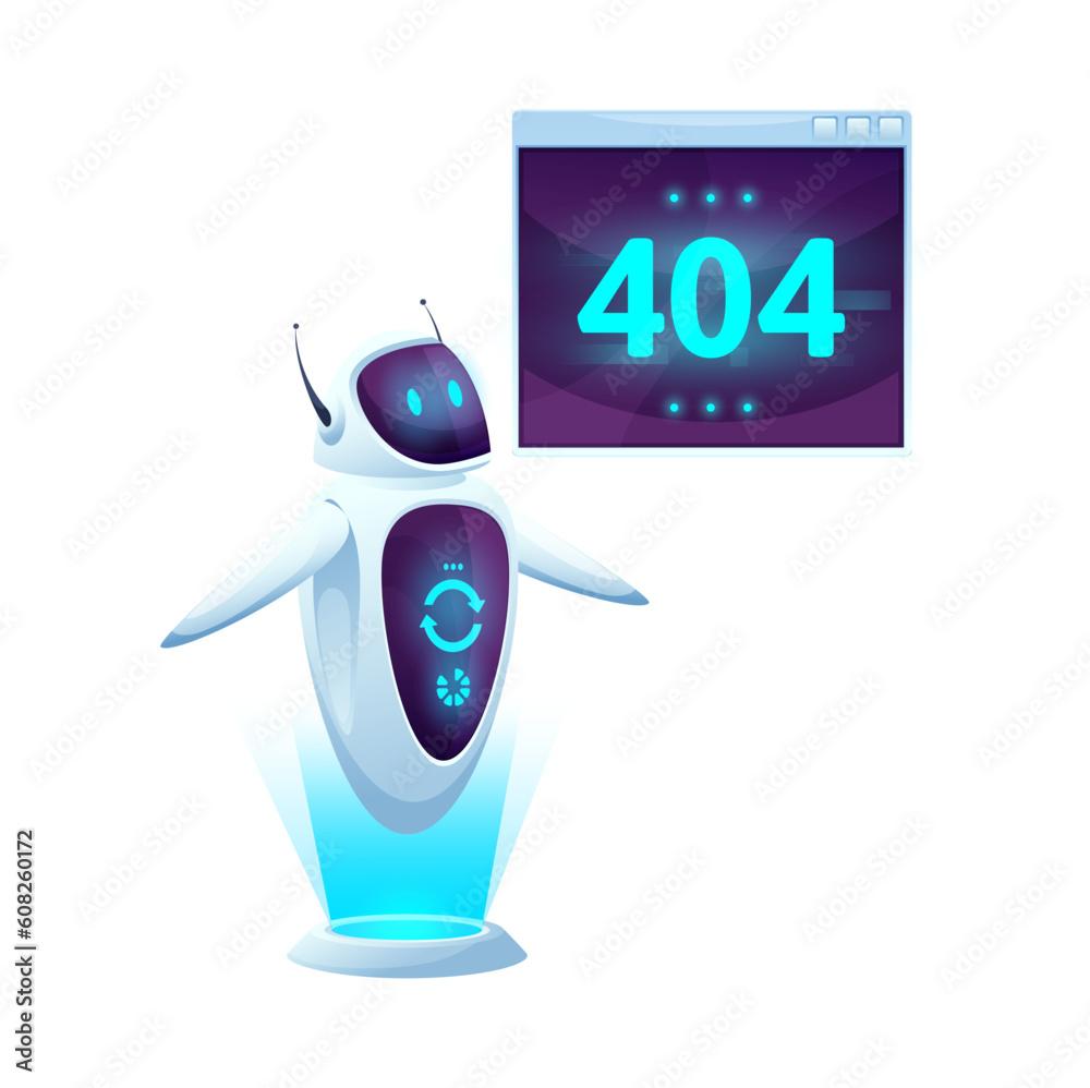 Leinwandbilder 404 page with cartoon screen and robot. Webpage loading error, broken website maintenance, or service sign or Internet connection fail vector background with glowing neon futuristic robot character