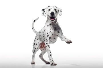 Pure youth crazy. Dalmatian young dog is posing. Cute playful white-braun doggy or pet is playing and looking happy isolated on white background. Concept of motion, action, generative ai