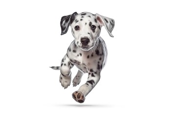 Pure youth crazy. Dalmatian young dog is posing. Cute playful white-braun doggy or pet is playing and looking happy isolated on white background. Concept of motion, action, generative ai