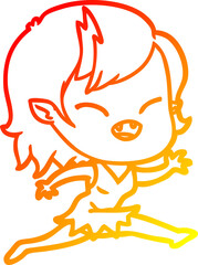 warm gradient line drawing of a cartoon laughing vampire girl running