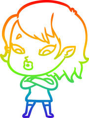 rainbow gradient line drawing of a cute cartoon vampire girl