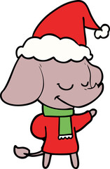 hand drawn line drawing of a smiling elephant wearing scarf wearing santa hat