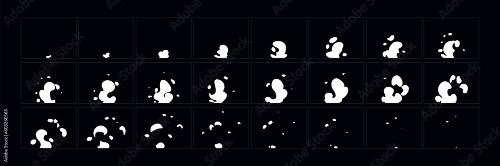 Wall mural smoke explosion animation effect. classic cartoon smoke animated frames. flash motion boom exploding