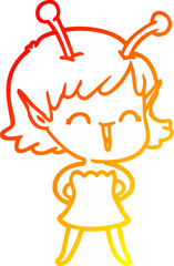 warm gradient line drawing of a cartoon alien girl laughing