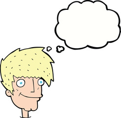 cartoon smiling man with thought bubble