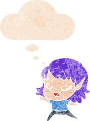 carton happy elf girl dancing with thought bubble in grunge distressed retro textured style