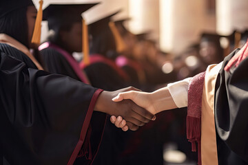 Generative AI illustration of anonymous African American male graduating student in black gown receiving congratulatory hand shake during ceremony
