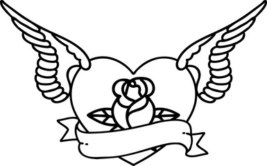 tattoo in black line style of a flying heart with flowers and banner