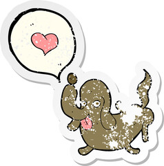 retro distressed sticker of a cartoon dog with love heart