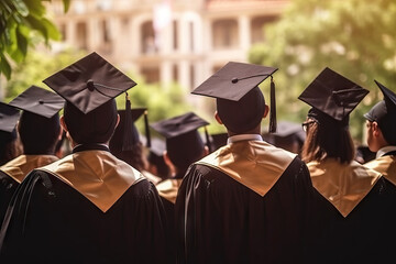 Generative AI illustration back view of group of diverse students in black graduation gown and cap during convocation ceremony outdoors on a sunny day