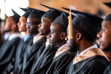 Generative AI illustration of group of focused young African American students in matriculation gown and hat together against blurred background