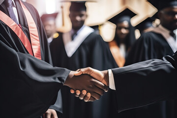 Generative AI illustration of anonymous African American male graduating student in black gown receiving congratulatory hand shake during ceremony
