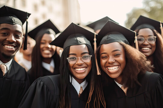 Generative AI illustration of cheerful African American graduating young students in black gown looking at camera while gathering in group