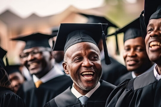 Generative AI illustration of cheerful adult male graduating matured African American students in graduation gown looking away with friends