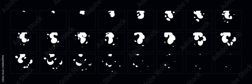 Wall mural smoke explosion animation. 2d cartoon smoke animated sprite sheet frames. flash motion boom explodin