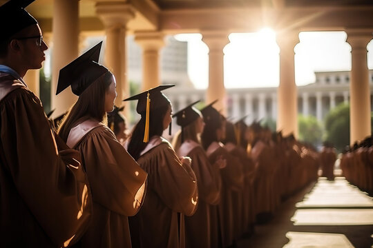 Generative AI illustration side view of unrecognizable diverse group of graduating students in gown queuing beside pillars of tower in bright daylight