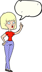 freehand drawn comic book speech bubble cartoon woman with idea