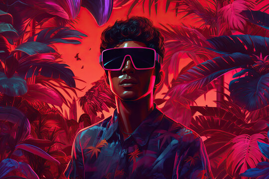 Generative AI illustration African American male in VR googles in virtual theatre standing against neon illumination of green leaves and flowers