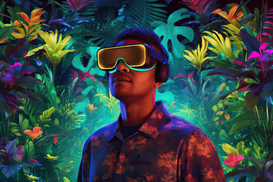 Generative AI illustration African American male in VR googles in virtual theatre standing against neon illumination of green leaves and flowers