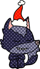 friendly hand drawn comic book style illustration of a wolf sitting wearing santa hat