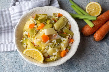 Turkish Cuisine. Leek with Olive Oil (Turkish name; Zeytinyagli Pirasa) Turkish Braised Leeks and Carrots In Olive Oil.