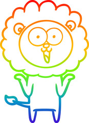 rainbow gradient line drawing of a happy cartoon lion