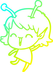cold gradient line drawing of a cartoon alien girl laughing