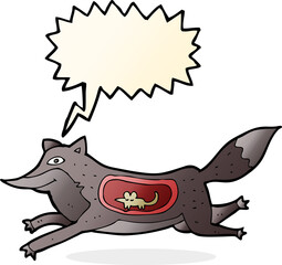 cartoon wolf with mouse in belly with speech bubble