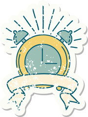 worn old sticker of a tattoo style ringing alarm clock