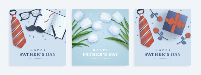 Happy father's day square banner or greeting card template with realistic glasses, moustache and roses. Vector illustration