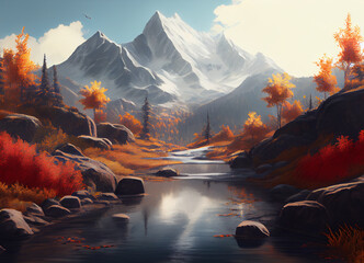 A beautiful autumn scene unfolds, where a mighty mountain towers over a serene river, its banks adorned with trees ablaze in the rich hues of the fall, painting a breathtaking portrait of nature