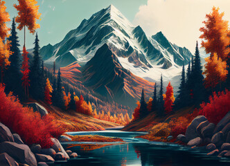 Fototapeta na wymiar A beautiful autumn scene unfolds, where a mighty mountain towers over a serene river, its banks adorned with trees ablaze in the rich hues of the fall, painting a breathtaking portrait of nature