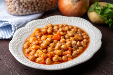 Traditional delicious Turkish food; Chickpea stew (Turkish name; Nohut pilaki)