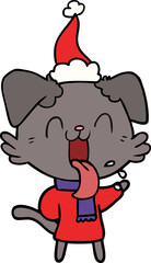 hand drawn line drawing of a panting dog wearing santa hat