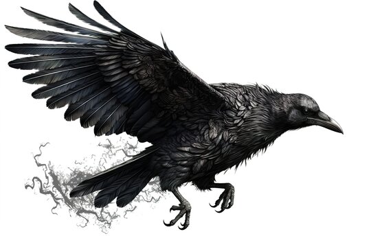 drawing of a black crow isolated on a white background. Generated by AI.
