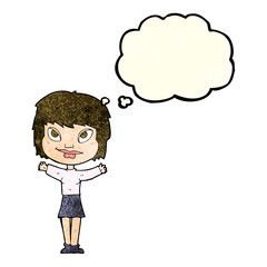 cartoon woman waving arms with thought bubble