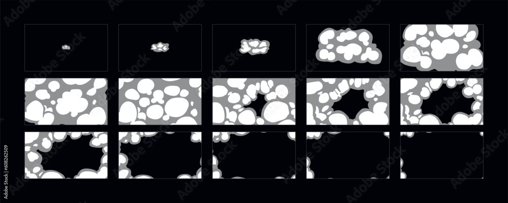 Wall mural smoke explosion animation. 2d cartoon smoke animated sprite sheet frames. flash motion boom explodin