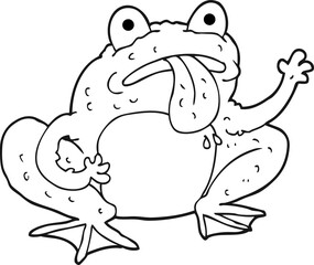 freehand drawn black and white cartoon frog