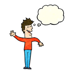 Fototapeta premium cartoon happy man waving with thought bubble