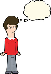 cartoon bored man shrugging shoulders with thought bubble