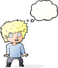 cartoon frightened boy with thought bubble