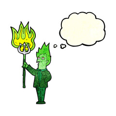cartoon devil with pitchfork with thought bubble