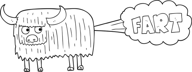 freehand drawn black and white cartoon hairy cow farting