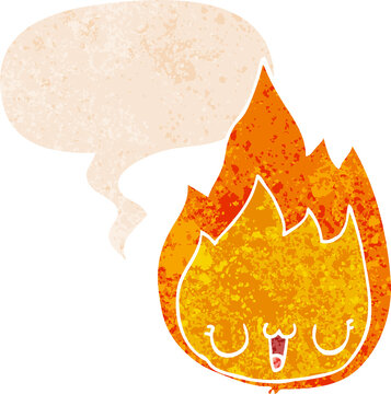 cartoon flame with face with speech bubble in grunge distressed retro textured style