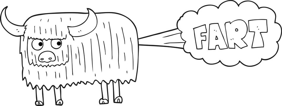 freehand drawn black and white cartoon hairy cow farting