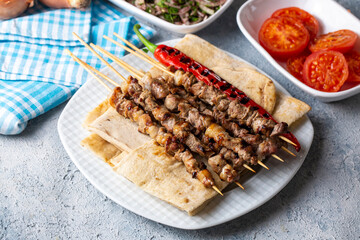 Traditional delicious Turkish foods; skewers (Turkish name; cop sis)
