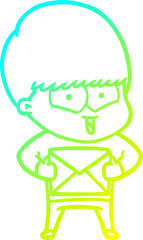 cold gradient line drawing of a cartoon happy boy