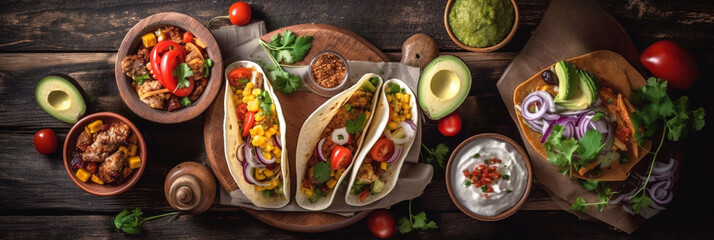 Mexican Food, Tacos, Fajitas, Guacamole, pico de gallo, tomatoes, beef and cheese with ingredients on a rustic wooden table background. generative ai