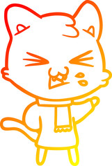 warm gradient line drawing of a cartoon cat hissing